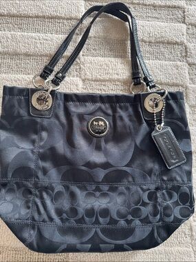 Coach Black Signature Jacquard Tote with Leather Handles